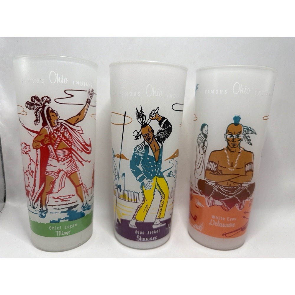 Vintage Ohio Indians Frosted Glass Tumblers Set of 3 Native American